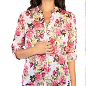 KUT FROM THE KLOTH Blouse Jasmine Chiffon Roll Tab Sleeves Semi Sheer Floral XS